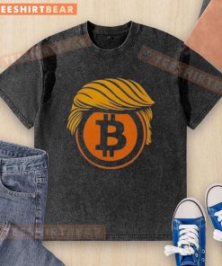 Top Trump Hair Bitcoin Crypto Washed T-Shirt featuring a playful design of Trump with Bitcoin graphics in a vintage style.
