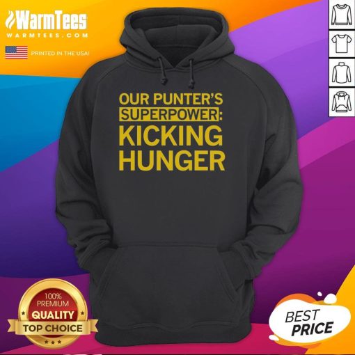 Tyler Perkins Our Punters Superpower Kicking Hunger Hoodie displayed on a mannequin, showcasing its unique design.