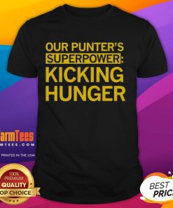 Alt Text: Top Tyler Perkins Our Punter's Superpower Kicking Hunger T-Shirt featuring a vibrant design promoting charity.