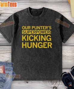 Alt Text: Top Tyler Perkins Our Punters Superpower Kicking Hunger washed t-shirt displayed on a wooden background.