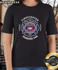 Alt Text: UConn Huskies men's basketball ladies tee featuring firefighter design, perfect for fans and supporters always ready.