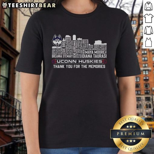 Alt Text: UConn Huskies women's basketball tee featuring mascot and player name, celebrating the team's legacy and memories.