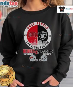 Top UNLV Rebels on Saturdays, Las Vegas Raiders on Sundays Skyline Sweatshirt showcasing team pride and city spirit.