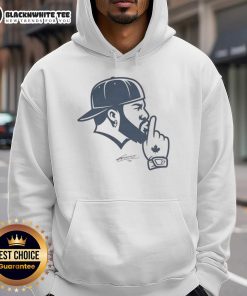 Alt Text: Vladimir Guerrero wearing a Toronto Blue Jays hoodie with 'Top Vladdy Shush' design, showcasing team spirit.