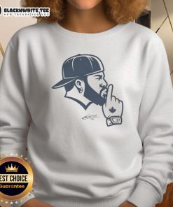 Vladimir Guerrero Jr. wearing a Toronto Blue Jays sweatshirt, showcasing the top Vladdy Shush design.