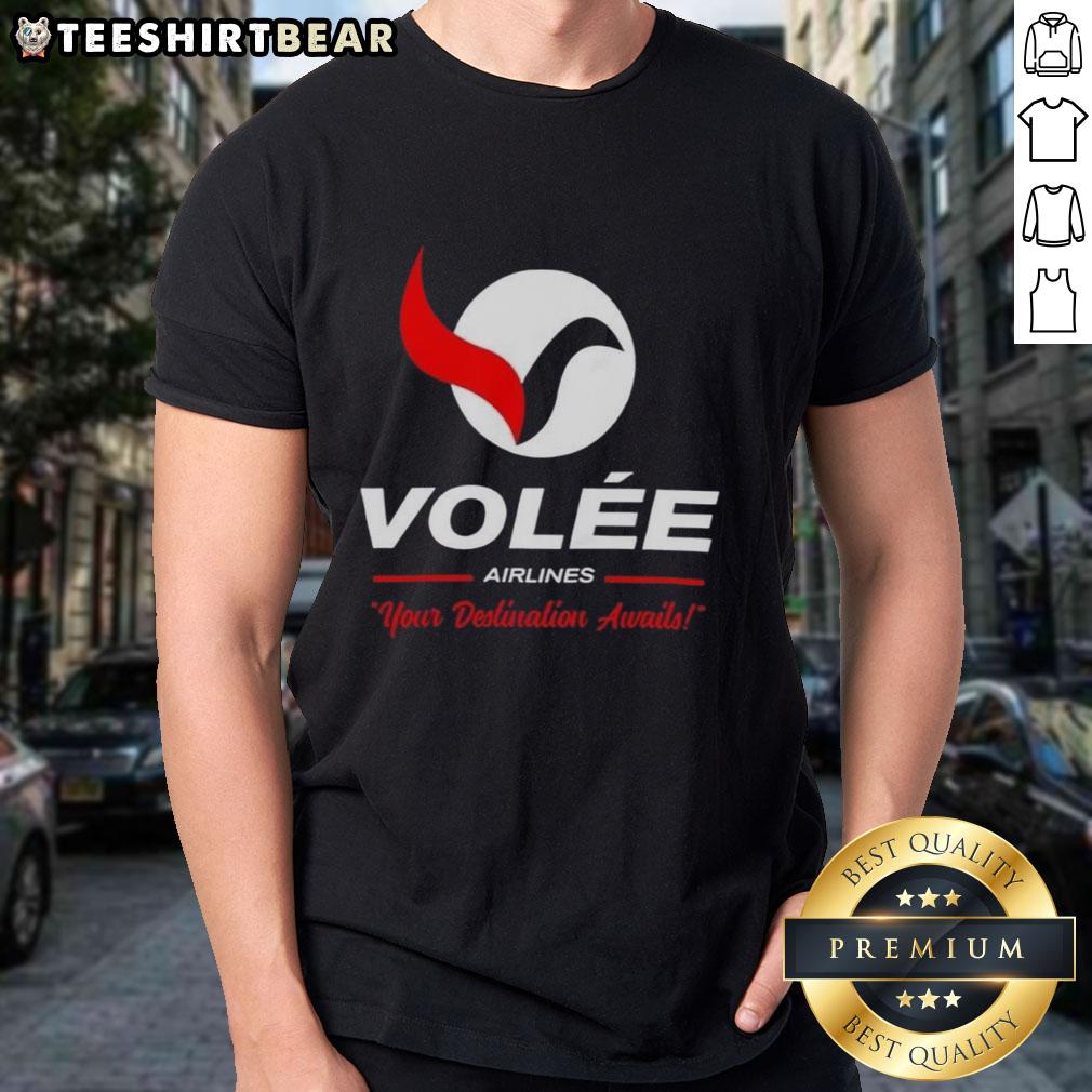 Top Volée Airlines Your Destination Awaits Logo T Shirt Top Vole Airlines 'Your Destination Awaits' logo T-shirt showcasing stylish travel apparel for aviation enthusiasts.