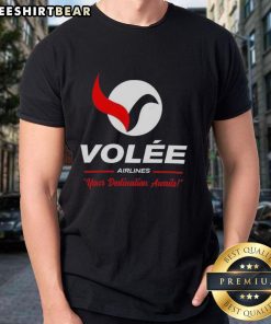 Top Vole Airlines 'Your Destination Awaits' logo T-shirt showcasing stylish travel apparel for aviation enthusiasts.