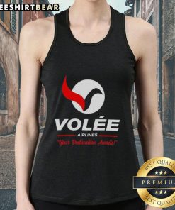 Top Volee Airlines logo on a stylish tank top, showcasing travel vibes with 'Your Destination Awaits' slogan.