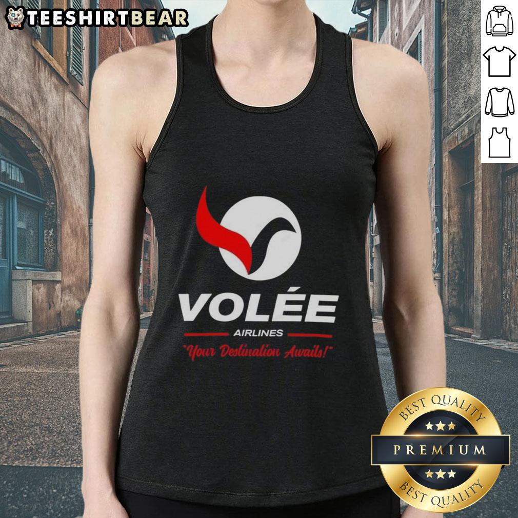 Top Volée Airlines Your Destination Awaits Logo Tank Top Top Volee Airlines logo on a stylish tank top, showcasing travel vibes with 'Your Destination Awaits' slogan.