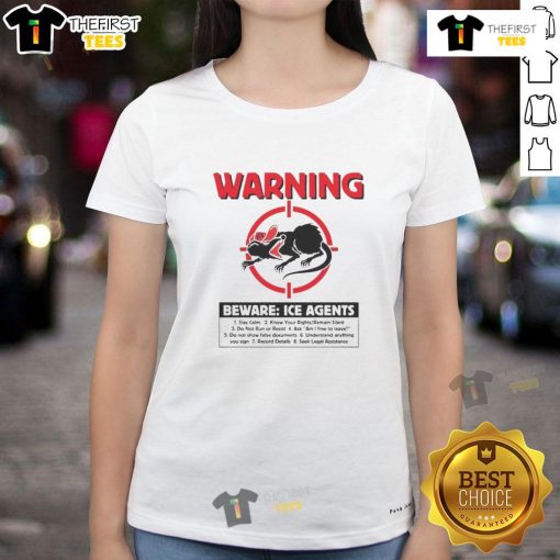 Alt Text: Top Warning Beware ICE Rats Ladies Tee featuring bold graphics, perfect for stylish and alert women.