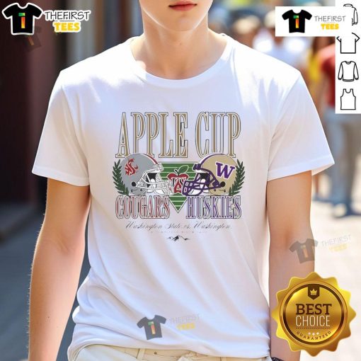 Top Washington State Cougars vs. Washington Huskies football Apple Cup rivalry helmet T-shirt design featuring team logos.