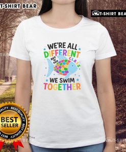 Alt Text: Colorful fish design on a ladies tee, showcasing unity with the phrase 'We're All Different but In This Class We Swim Together'.