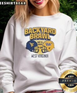 Top West Virginia Mountaineers beat Pittsburgh Panthers 31-24 sweatshirt featuring Backyard Brawl design.