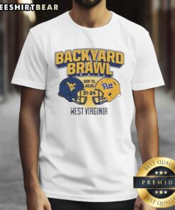 West Virginia Mountaineers vs Pittsburgh Panthers 31-24 Backyard Brawl T-Shirt featuring team logos and game highlights.
