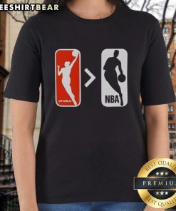 Top WNBA is Greater Than NBA Ladies Tee featuring bold graphic design, perfect for basketball fans and sports enthusiasts.