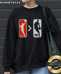Top WNBA is Greater Than NBA sweatshirt featuring bold text design, perfect for basketball fans and sports enthusiasts.