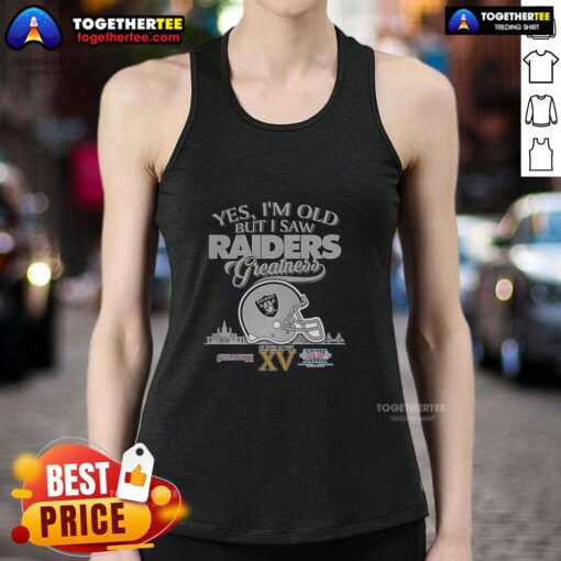 Vintage Oakland Raiders tank top featuring a Super Bowl helmet and skyline design, perfect for fans celebrating greatness.