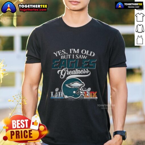 Philadelphia Eagles Super Bowl helmet skyline T-shirt for fans, celebrating greatness and pride in age.