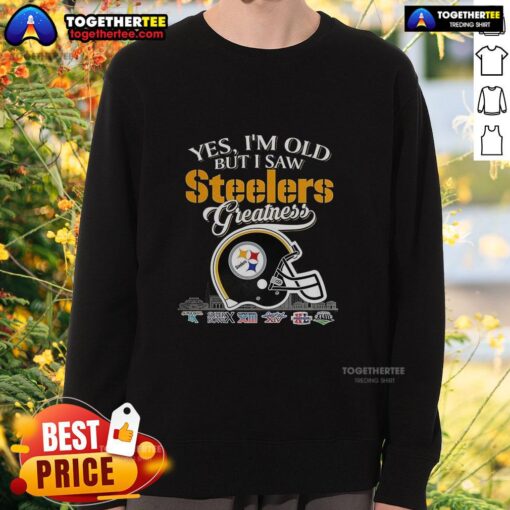 Alt Text: Cozy sweatshirt featuring Pittsburgh Steelers greatness, Super Bowl helmet, and city skyline design for fans.