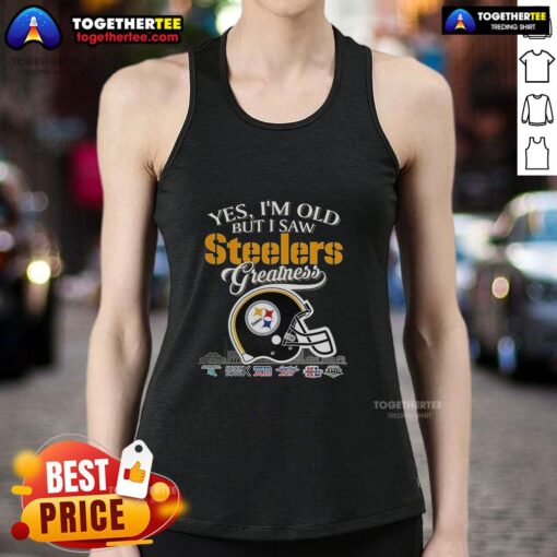 Alt Text: Pittsburgh Steelers Super Bowl helmet and skyline graphic on a stylish tank top, celebrating team greatness.