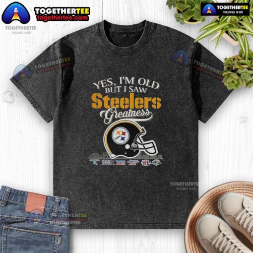 Vintage Pittsburgh Steelers Super Bowl helmet graphic on a washed t-shirt with city skyline design, perfect for fans.