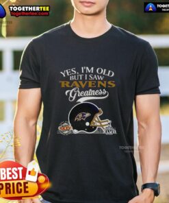 Alt Text: Baltimore Ravens Super Bowl helmet skyline t-shirt, celebrating greatness for fans who embrace being old yet proud.