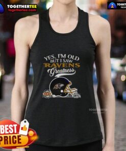 Tank top featuring Baltimore Ravens Super Bowl helmet and skyline, perfect for fans celebrating team greatness.