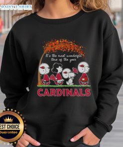 Alt Text: Snoopy and friends in St. Louis Cardinals sweatshirt, celebrating autumn with the phrase 'It's The Most Wonderful Time of The Year.'