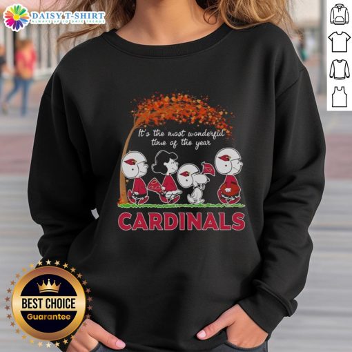 Alt Text: Snoopy and friends in St. Louis Cardinals sweatshirt, celebrating autumn with the phrase 'It's The Most Wonderful Time of The Year.'