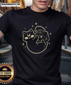 Alt Text: Cute magical black cat with a D20 dice design on a t-shirt, perfect for cat lovers and tabletop gaming fans.