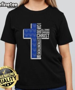 Premium West Virginia Mountaineers football ladies tee with 'I Can Do All Things Through Christ Who Strengthens Me' design.