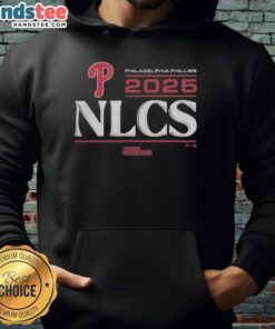 Alt Text: Official Philadelphia Phillies 2025 Division Series Winner locker room hoodie displayed on a hanger.
