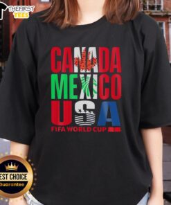 Stylish women's tee featuring FIFA World Cup 2026 design for Canada, Mexico, and USA fans.