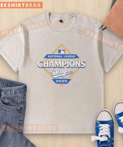 Alt Text: Official Los Angeles Dodgers 2025 National League Champions diamond logo on a washed t-shirt, showcasing team pride.