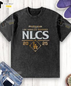 Top Postseason Los Angeles Dodgers NLCS 2025 washed t-shirt featuring team logo and vintage style design.