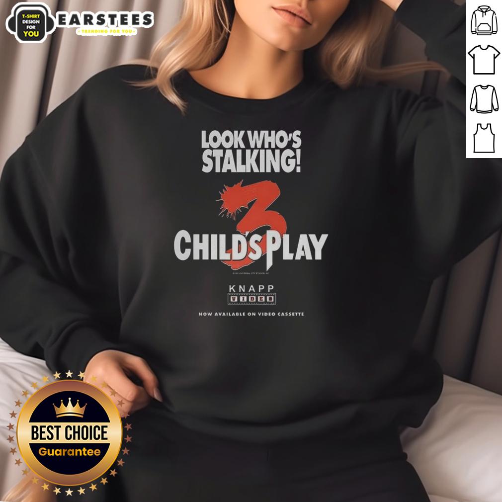 official-chucky-childs-play-3-look-whos-stalking-halloween-characters-sweatshirt Official Chucky Child's Play 3 sweatshirt featuring Halloween characters, perfect for fans of horror and vintage movie apparel.