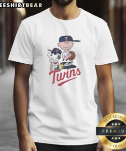 Alt Text: Good Peanuts Characters Minnesota Twins T-Shirt featuring Charlie Brown and friends in team colors and logo.