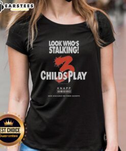 Official Chucky Child's Play 3 Halloween character ladies tee featuring a spooky design of Chucky stalking.