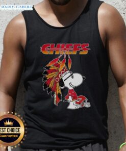Alt Text: Cute Snoopy in war bonnets on a Kansas City Chiefs football helmet tank top, perfect for game day style.