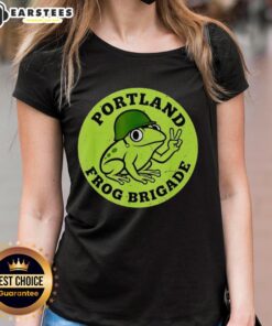 Nice Portland Frog Brigade Protest Ladies Tee featuring vibrant frog graphics and bold protest messages.