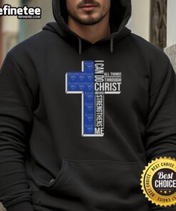 Alt Text: Premium I Can Do All Things Through Christ hoodie for West Virginia Mountaineers football fans, featuring a cross design.