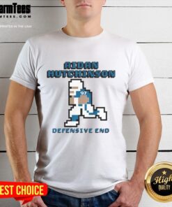 Awesome Aidan Hutchinson Detroit Lions Defensive End Pixel T-Shirt featuring vibrant graphics and team colors.
