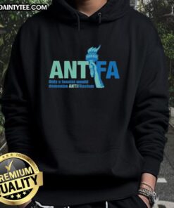 Awesome Antifa hoodie featuring the slogan 'Only a Fascist Would Demonize Anti-Fascism' in bold text.