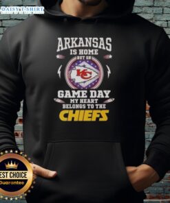 Alt Text: Fan wearing Awesome Arkansas is Home hoodie, cheering for the Kansas City Chiefs on game day.