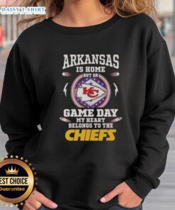 Alt Text: Cozy sweatshirt featuring Awesome Arkansas is Home, but on Game Day My Heart Belongs to the Kansas City Chiefs design.