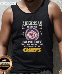Woman wearing 'Awesome Arkansas Is Home' tank top, showing Kansas City Chiefs pride on game day.