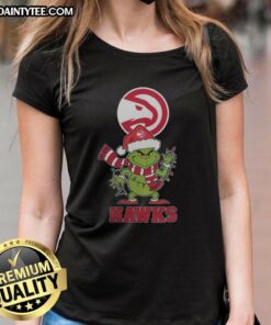 Awesome Atlanta Hawks Christmas Grinch Santa Hat Holiday 2025 ladies tee featuring festive design and team logo.