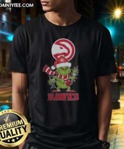 Awesome Atlanta Hawks Christmas Grinch Santa Hat Holiday 2025 T-Shirt featuring festive design and team colors.
