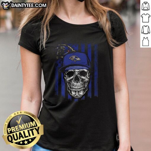 Awesome Baltimore Ravens NFL skull tee with American flag design for football lovers, perfect for ladies' casual wear.