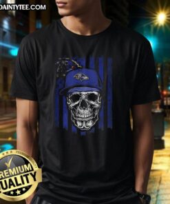 Alt Text: Awesome Baltimore Ravens NFL Skull American Flag T-Shirt for football lovers, featuring a bold design and vibrant colors.